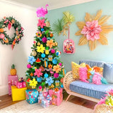 Seenelling 65 Pcs Summer Christmas Tree Ornaments July Christmas Tree Topper Pink Flamingo Wooden Hanging Decoration Ribbon and Faux Flowers for Xmas Luau Tropical Party Beach Decor Supplies Holiday