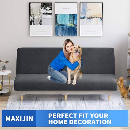 MAXIJIN Velvet Futon Cover Full Size Stretch Futon Mattress Cover Thick Soft Armless Sofa Bed Slipcover Plush Couch Furniture Protector with Elastic Bottom, Machine Washable (Gray)