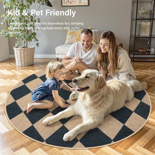 Lahome Checkered Easy Jute Round Rug 3ft, Outdoor Entryway Rug Washable