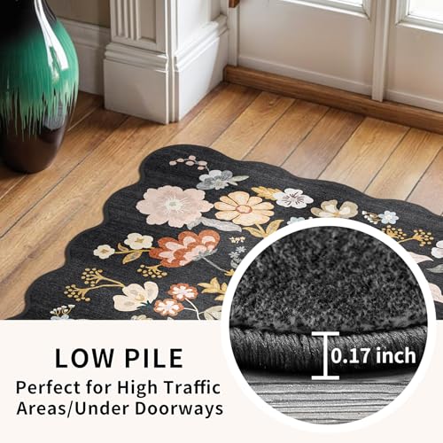 2x8ft Scalloped Hallway Runner Rug – Non-Slip Washable Boho Floral Carpet Runner for Kitchen, Bathroom, Bedroom & Entryway – Soft Low-Pile Thin Rug with Rubber Backing (Black, 2x8)