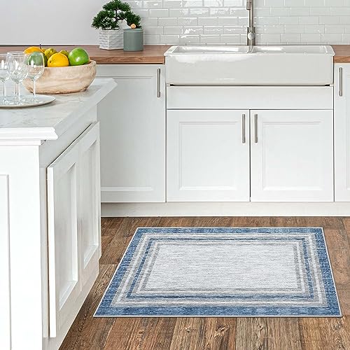 Border Blue Rugs for Entryway, Kitchen Rugs Non Slip Washable 2x3 Throw Mat with Rubber Backing, Modern Printed Small Accent Carpet for Bedroom Indoor Bathroom