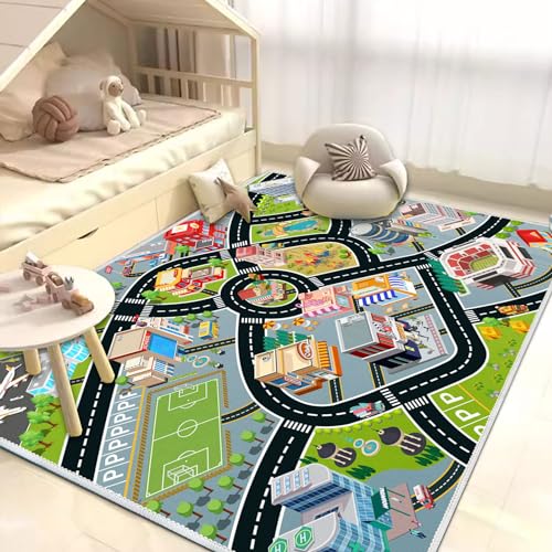 Kids Car Rug, Carpet Playmat for Toy Cars and Train, Road Traffic Play Mat for Kids, Play Area Rug with Non-Slip Backing, Ideal Gift for Children's Room playroom(2.6×3.9ft/31×47in)