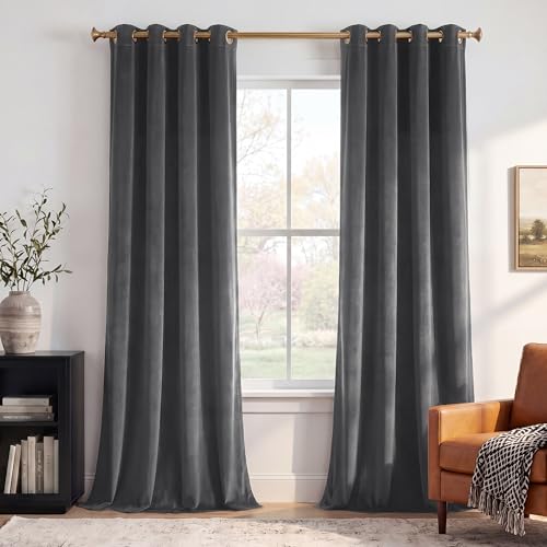 StangH Grey Velvet Curtains for Living Room 96 inches Long Blackout Curtains for Bedroom Grommet Privacy Thermal Insulated Window Drapes for Sliding Glass Door, W52 by L96 inches, 2 Panels