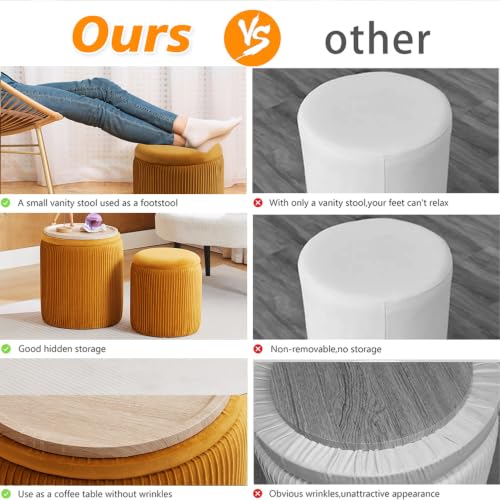 Set of 2 Round Storage Ottoman, Yellow Velvet Stool with Storage