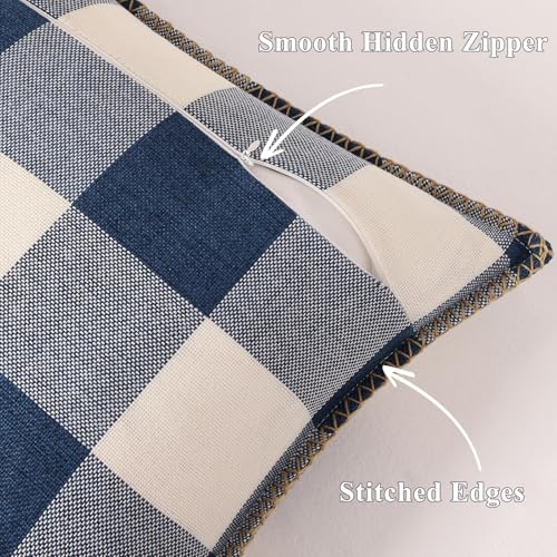 decorUhome Fall Buffalo Plaid Check Throw Pillow Covers 18x18 Set of 2 Outdoor Linen Decorative Farmhouse Gingham Coastal Pillow Covers with Stitched Edge for Bed Couch Sofa, Navy Blue and White