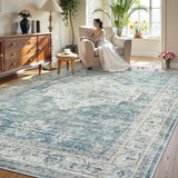 LIVEBOX Washable Area Rug 9x12 Rugs for Living Room Bedroom, Non-Slip Boho Indoor Carpet for Dining Room Office, Low-Pile Farmhouse Soft Carpets for Kids Nursery Room Playroom, Blue