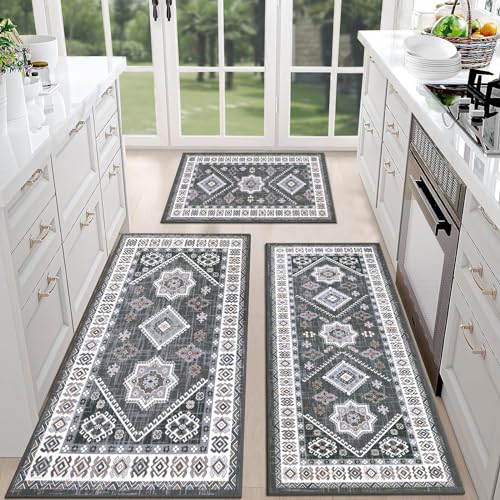 HEBE Boho Kitchen Rugs Set of 3, Non Slip Washable Kitchen Mats for Floor