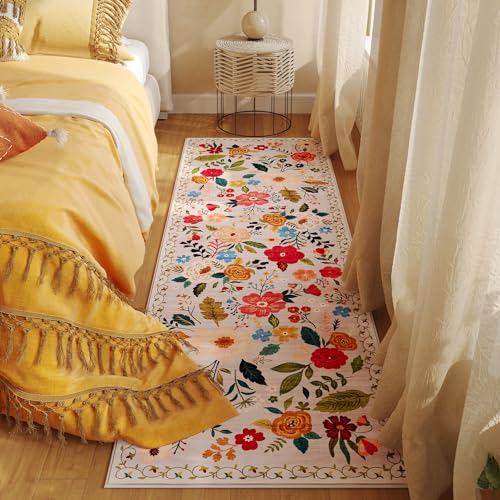 Rugcomf Runner Rug for Hallways Kitchen Rug Non Slip 2'x 6' Washable Rugs with Rubber Backing Soft Floral Carpet Runner for Hallways, Kitchen, Laundry, Bedroom, Bathroom(Beige)