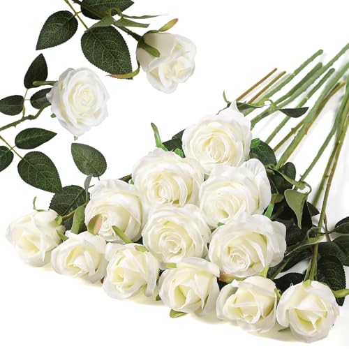 Hawesome 12PCS Artificial Silk Flowers Realistic Roses Bouquet Long Stem for Home Wedding Decoration Party (White, 6 Flowers 6 Buds)