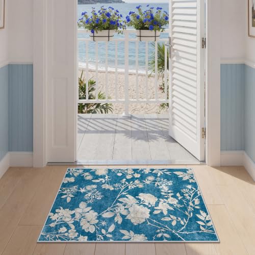 Soalmost Floral Washable Rugs 2x3, Soft Doormat for Entryway Navy Blue