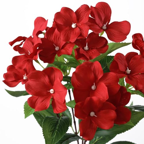 YXZZWL 8 Bundles Artificial Impatiens for Outdoor Spring Summer Decor, No Fade Silk Fake Flowers, UV-Resistant Faux Plants for Garden Porch Home Farmhouse Decoration (Red)