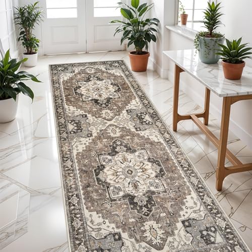 Washable Kitchen 3x8 Runner Rug - 3x8 Hallway Rug Distressed Mats Non-Slip Soft Room Floor Carpet for Dining Room (Beige,3x8)