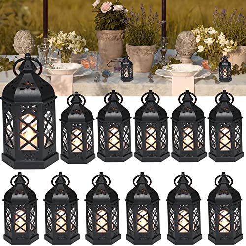12Pcs Mini Lantern with LED Candle, Small Black Lanterns Decorative for Halloween Decorations, Christmas Table Centerpiece, Flickering Candle Holders for Diwali Wedding Medieval Decor, Ornaments