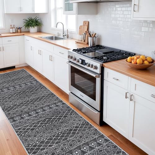 3x16 Black Moroccan Washable Rug:Modern Boho Long Hallway Runner Rug