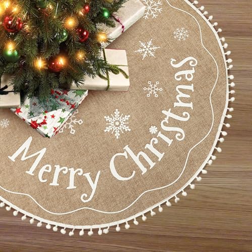 AerWo Christmas Tree Skirt 36 Inch, Burlap Tree Skirt Printed with White Snowflake and Merry Christmas Decor, Brown Tree Skirt for Christmas Decorations New Year Holiday Party Supply Indoor Outdoor