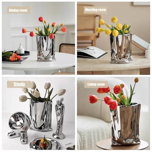 Ceramic Silver Flower Vase, Crinkle Paper Shape, Metal Decorative Home Accent (Large)