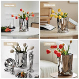 Ceramic Silver Flower Vase, Crinkle Paper Shape, Metal Decorative Home Accent (Large)