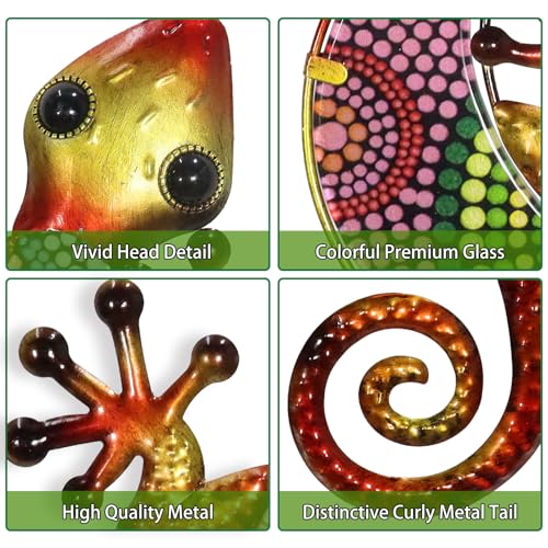 HONGLAND Metal Gecko Wall Art 2 Pack 15 Inch Lizard Outdoor Decor Hanging Glass Sculpture Decoration for Garden Fence Home