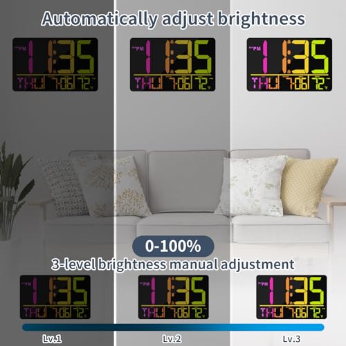 PERSUPER 13" Large Digital Wall Clock with Remote, RGB Color Changing, 25 Ringtones, 0-100% Auto/Custom Brightness, Temperature, Calendar, 12/24H, DST, Timer, for Living Room/Bedroom/Office/Elderly