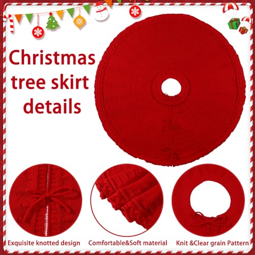 YUJUN 48 Inches Christmas Knitted Tree Skirt Decorations Xmas Large Red Chunky Cable Farmhouse Thick Rustic Tree Skirt for Merry Christmas Tree Holiday Home Party Decoration