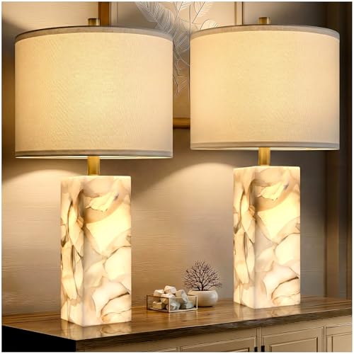 Scenekoy Alabaster Table Lamp Set of 2 with Night Light for Bedroom Living Room, 23" Rotary Switch Bedside Lamp with Linen Shade, Modern Nightstand Lamps for Room Office Dorm (Bulb Included)