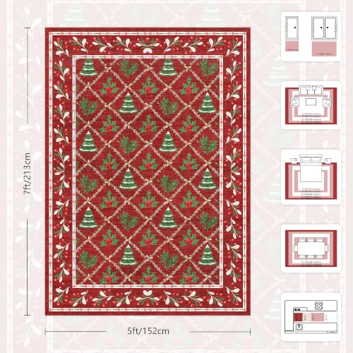 Red Christmas Rug 5x7 for Living Room, Bedroom, Playroom, Nursery Room Machine Washable Low Pile with Non-Slip Backing Christmas Decor for Home (Xmas Red)