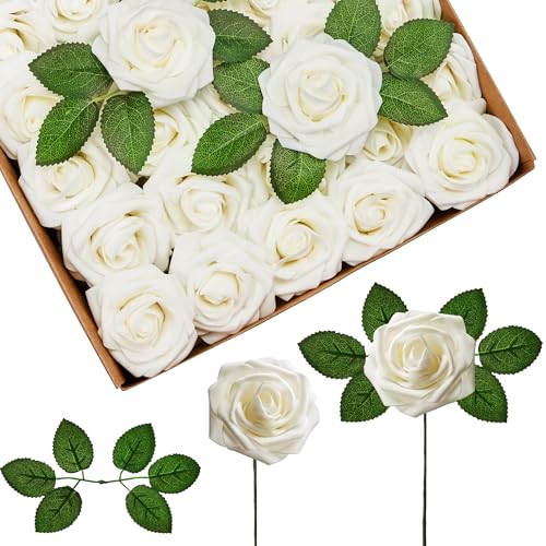 InnoGear Artificial Flowers, 50 Pcs Ivory White Foam Fake Roses Bulk with Stems for Mother's Gift Decoration DIY Wedding Bouquets Centerpieces Bridal Shower Party Christmas Tree