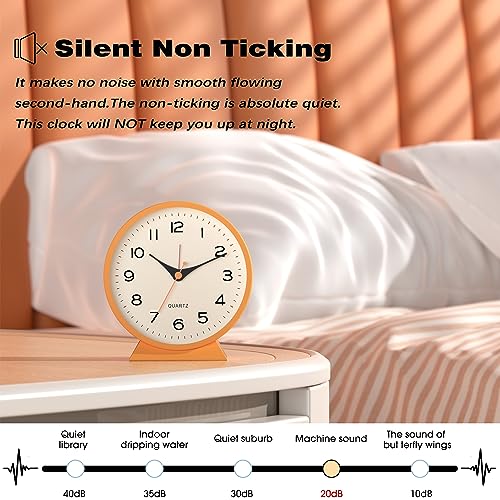 AYRELY® 4.5" Analog Alarm Clock,Small Retro Desk Clock Battery Operated,Slient Metal Table Clock with Light for Living Room Decor,Bedroom,Bedside,Shelf (Orange-Yellow)