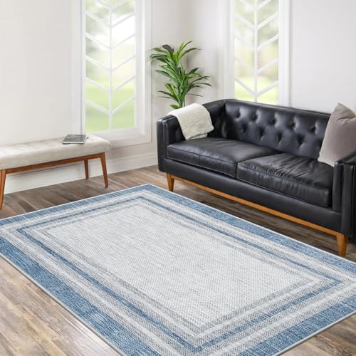 Bordered Machine Washable Area Rugs, 4 x 6 Area Rugs for Bedroom Non Slip, Blue Washable Rugs Lightweight Indoor Carpet for Entryway Kitchen Dining Room Home Decor