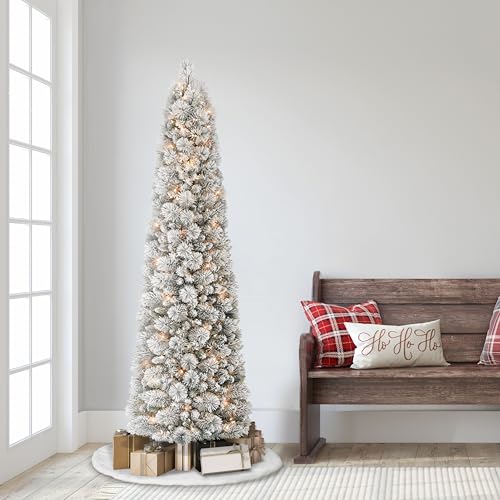 Puleo International 6.5ft Pre-Lit Flocked Portland Pine Pencil Christmas Tree with 300 Clear Lights, 410 Realistic Dense Snow Flocked Branch Tips, Easy Setup Artificial Trees with Sturdy Metal Stand