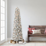 Puleo International 6.5ft Pre-Lit Flocked Portland Pine Pencil Christmas Tree with 300 Clear Lights, 410 Realistic Dense Snow Flocked Branch Tips, Easy Setup Artificial Trees with Sturdy Metal Stand