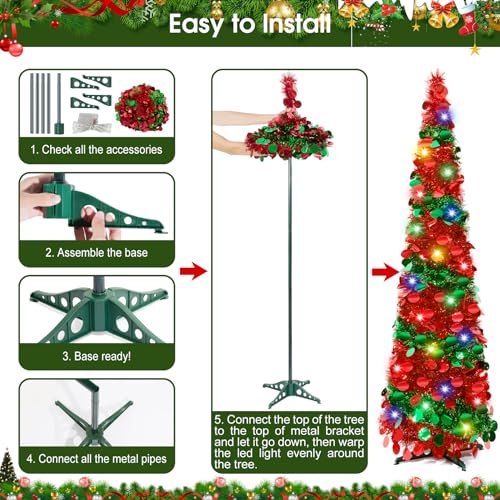 5Ft Pop Up Christmas Tree with Lights, Collapsible Pencil Tree Red Green, Skinny Christmas Tree Slim Xmas Tree, Artificial Tinsel Tree Foldable for Home Apartment Holiday Party Winter Decor