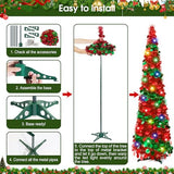 5Ft Pop Up Christmas Tree with Lights, Collapsible Pencil Tree Red Green, Skinny Christmas Tree Slim Xmas Tree, Artificial Tinsel Tree Foldable for Home Apartment Holiday Party Winter Decor