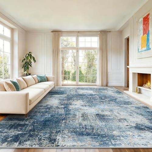 AMADA Washable 9'x12' Abstract Area Rug for Living Room Navy Blue
