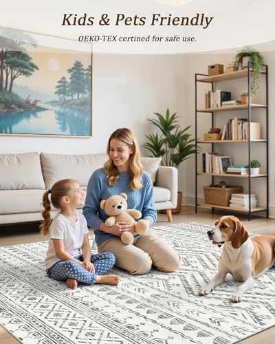 Miukiki 8x10 Area Rug for Living Room Moroccan Washable Rugs Non Slip Indoor Floor Carpet Foldable Large Soft Area Rug for Dining Room Bedroom with Low Pile(Grey,8'x10')