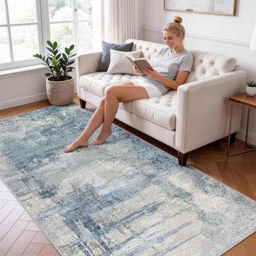 4x10 Modern Abstract Hallway Rug:Washable Wide Runner Rug Blue