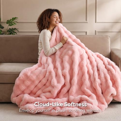 Smoofy Faux Fur Throw Blanket for Couch - Blush Pink Super Soft Cozy Bubble Blanket, Fluffy Plush Fuzzy Throw for Sofa & Bed, Thick Lightweight Warm Blanket, Luxury Aesthetic Gift for Women 50"x60"