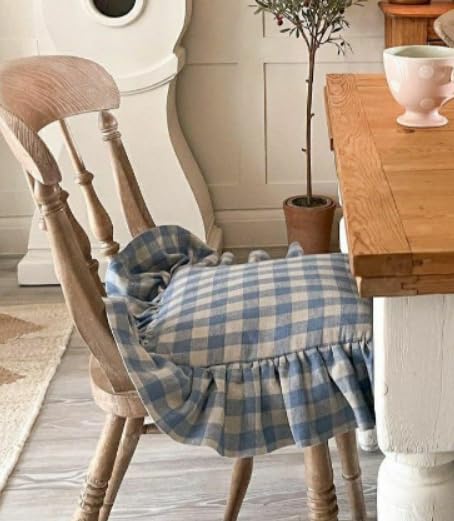 JarThenaAMCS 4Pcs Gingham Chair Cushion Covers Blue White Plaid Ruffled Skirt Seat Pad Slipcovers with Ties Chair Cushion Protectors for Farmhouse Home Kitchen Dining, Cushion Included
