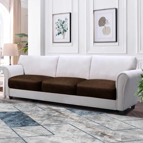 Couch Cushion Covers Leather-Look 3PC Stretch Sofa Seat Slipcover Sets for Living Room Individual Sofa Cushion Cover Couch Seat Protectors, Pet-Friendly, Non-Slip, Easy Fit - Coffee
