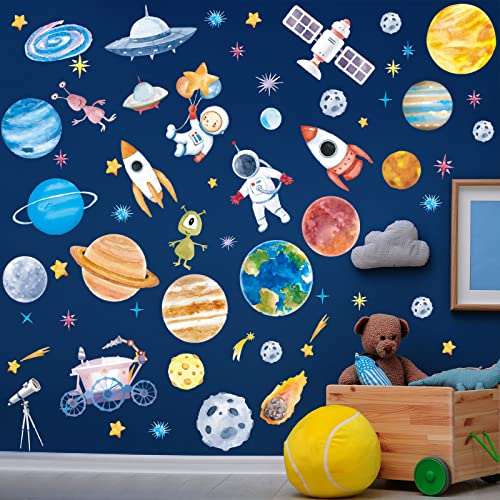 Zonon 6 Sheets Outer Space Astronaut Wall Stickers Space Planets Decal Solar System Decals Galaxy Astronaut Rocket Alien Wall Mural for Boys Kids Classroom Nursery Bedroom Home Decoration