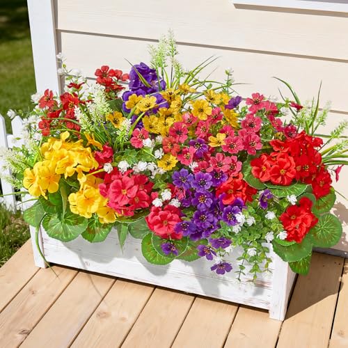 16 Bundles Artificial Flowers for Outdoors, UV Resistant Fake Outdoor Flowers, Silk Faux Flowers for Outside Planters,Garden,Porch,Yard,Home Decor(Mixed Color)