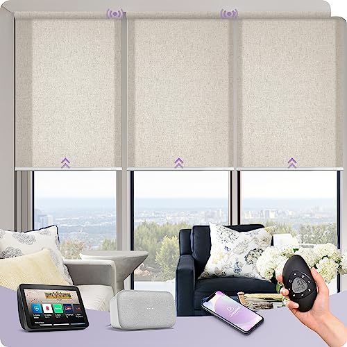 Graywind Motorized Light Filtering Shades Compatible with Alexa Google Rechargeable Remote Control Smart Blinds Automatic Window Shade with Valance for Home Office, Custom Size (Linen Beige)