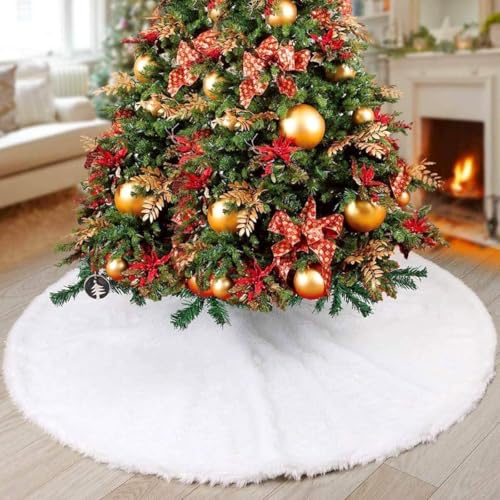YEAHOME Christmas Tree Skirt, 48 Inch White Soft Faux Fur Tree Skirts Plush Christmas Decorations, White Ornaments Christmas Tree Skirts Xmas Decorations Indoor Holiday Party Decor