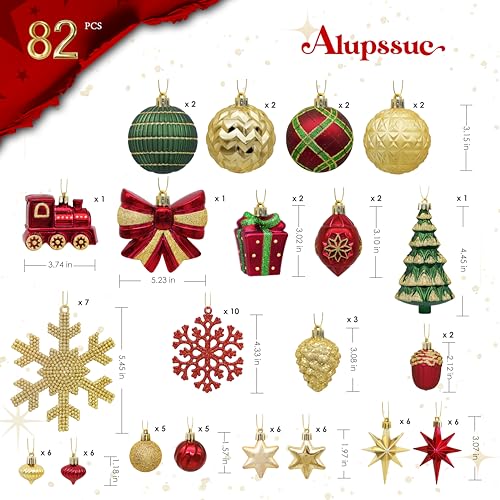 Alupssuc 82pcs Christmas Balls Ornaments Set, Delightful Classic Gift Set, Shatterproof Plastic Decor for Xmas Tree Holiday Wedding Party Decorations with Hanging Strings, Gold, Red and Green