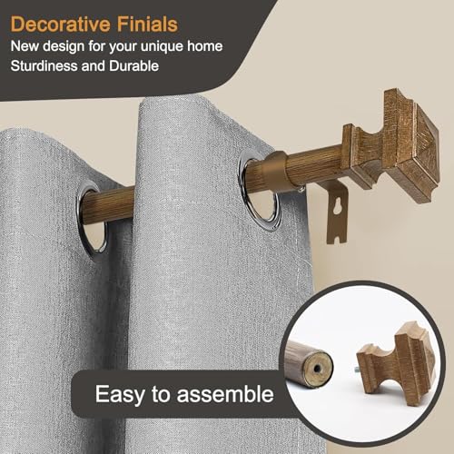 Wood Curtain Rods for Windows 32 to 88 Inch, 1 Inch Diameter Wood Decorative Treatment Single Window Curtain Rods - Square Imitation Wood Grain Finial 1 Pack