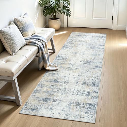 2x6 Runner Rug Non-Slip Washable, Blue Runners for Hallway Kitchen Entryway Indoor, Soft Neutral Abstract Modern Farmhouse Carpet for Bedroom Laundry Room Decor