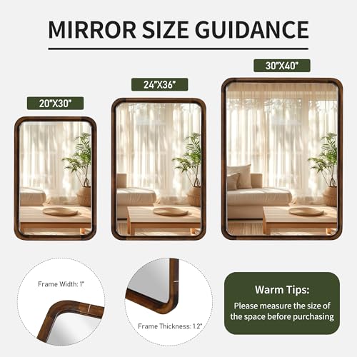 Wood Bathroom Mirror for Wall,Rectangle 24 x 36 inch Hanging Vanity Brown Tempered Mirrors with Rounded Corner for Living Room,Bedroom,Entryway (Walnut, 24x36 Inch)