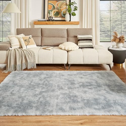 Floralux Rugs for Living Room, 6x9 Large Shag Area Rug, Tie-Dyed Light Grey Soft Fluffy Carpets for Bedroom