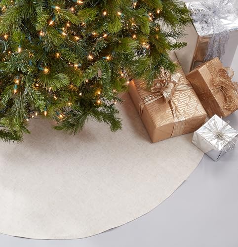 SARO LIFESTYLE Linen Christmas Tree Skirt – Toscana Collection – Natural Solid Edge – Classic Holiday Farmhouse Décor, 56", Natural