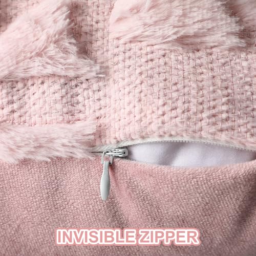 Mixweer Pink Bow Pillow Covers Set of 2 Preppy Room Decor Coquette Cute Spring Summer Decorative Faux Fur Soft Bowknot Stuff Fluffy Plush Aesthetic Pillowcase for Bed Sofa Couch (18 x 18 Inch)